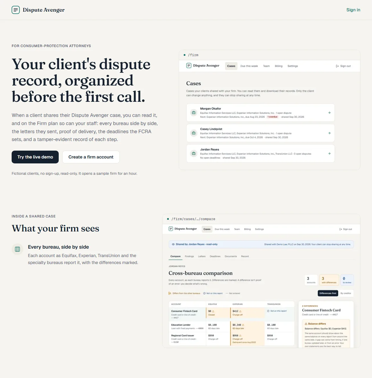 Dispute Avenger page for consumer-protection attorneys, showing the firm case list, a shared case’s comparison view and how sharing works