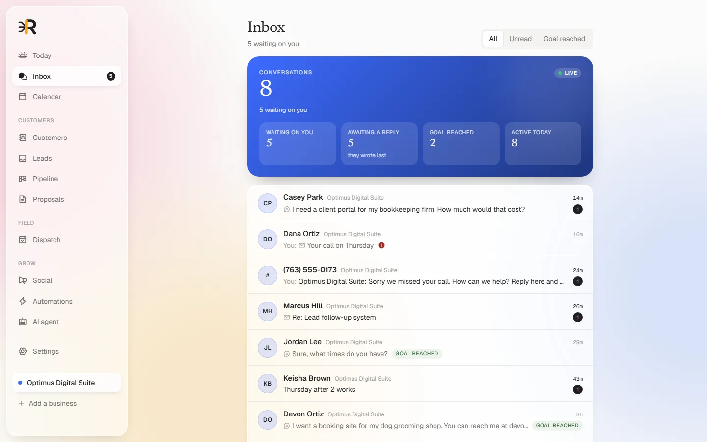 The Optimus Regulator inbox for Optimus Digital Suite: texts, chat and email in one list, with conversations the AI receptionist finished marked Goal reached, sample data