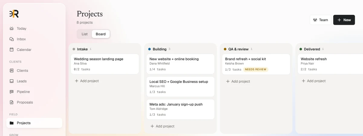 The Optimus Regulator projects board in board view, with Intake, Building, QA and review, and Delivered columns, sample data