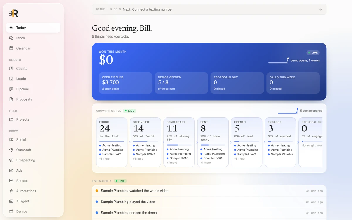 The Optimus Regulator Today tab for Optimus Digital Suite: the growth funnel from found to engaged and a live activity feed, sample data