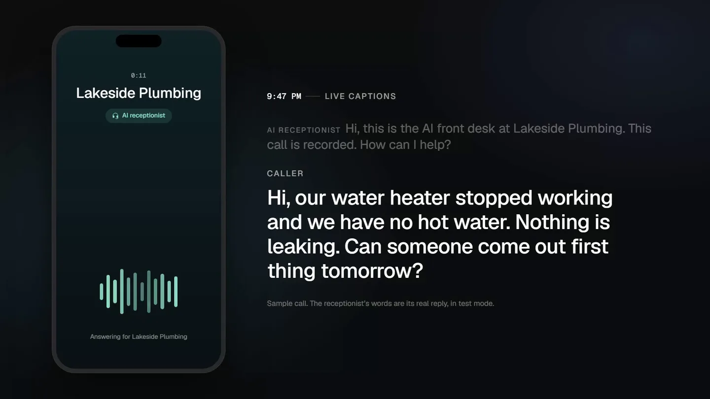 A demo recorded from the Regulator: an after-hours call to a sample plumbing shop answered by the AI receptionist, with live captions