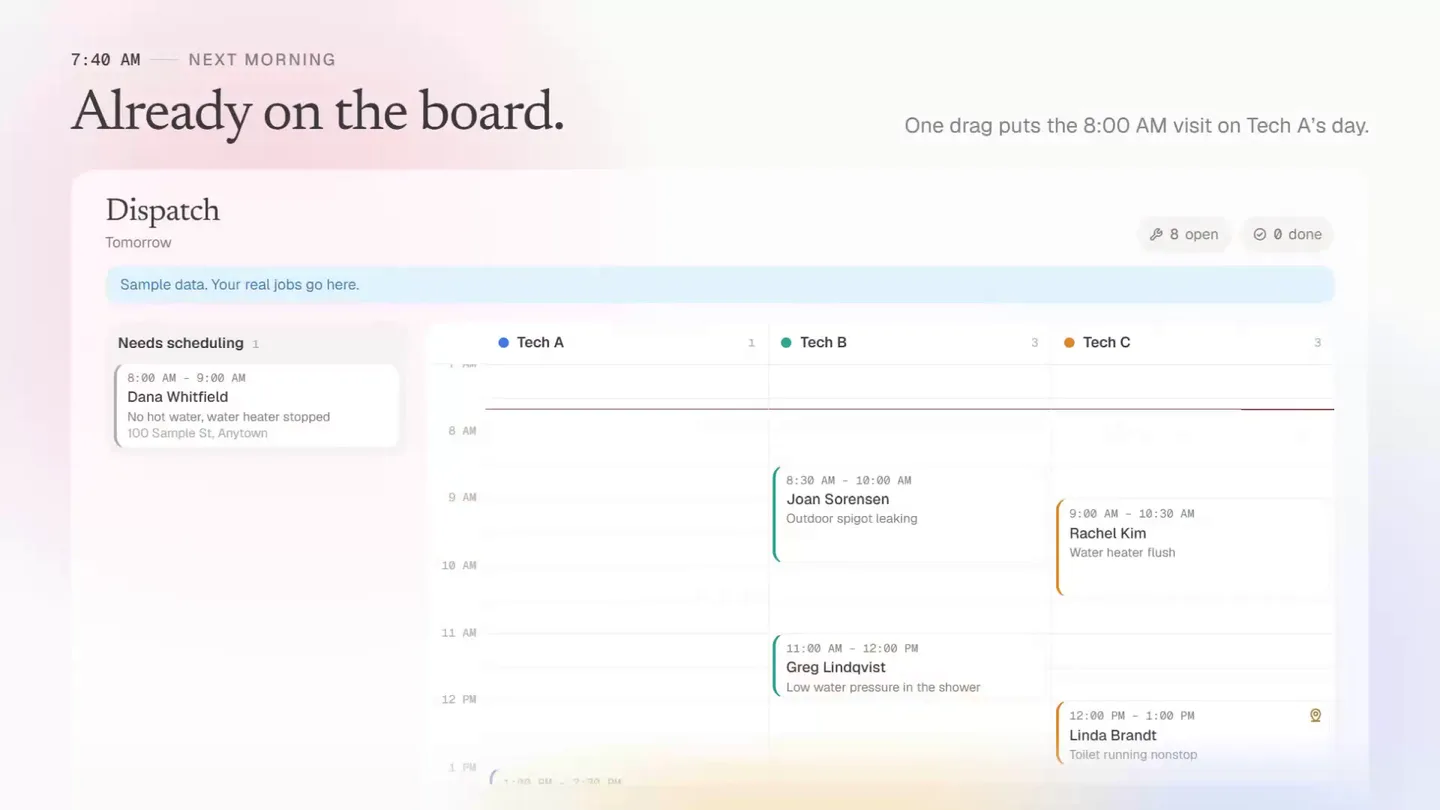 A demo recorded from the Regulator: the dispatch board for a sample plumbing shop, with three technician columns and the booked visit already on the board