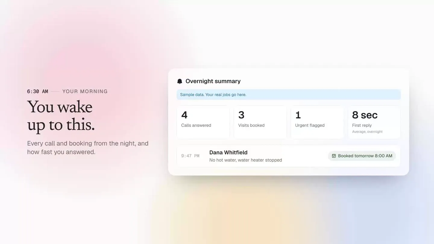 A demo recorded from the Regulator: an overnight summary showing calls answered, visits booked, an urgent flag and an 8 second first reply, sample data