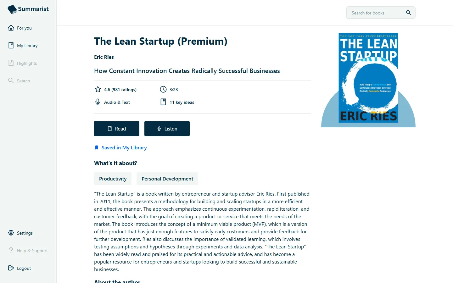 Summarist book page for The Lean Startup showing rating, length, Read and Listen buttons and a saved-to-library marker