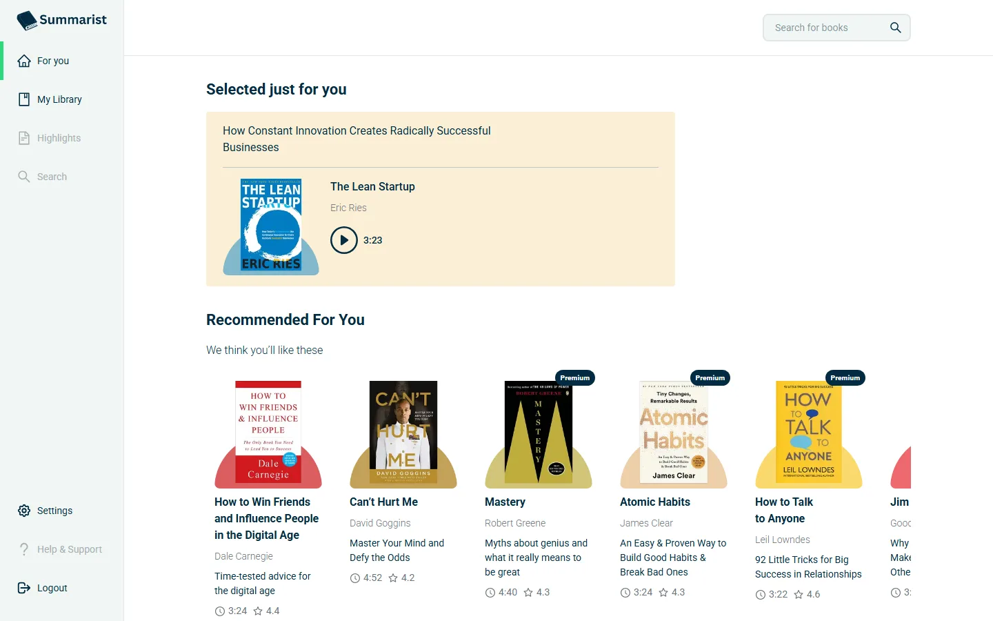 Summarist For You page with a selected book card and a row of recommended book covers, some marked Premium